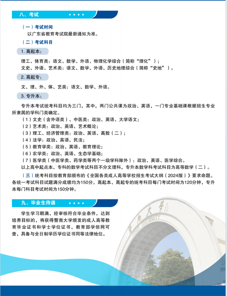 2025年暨南大学成人高考考试科目